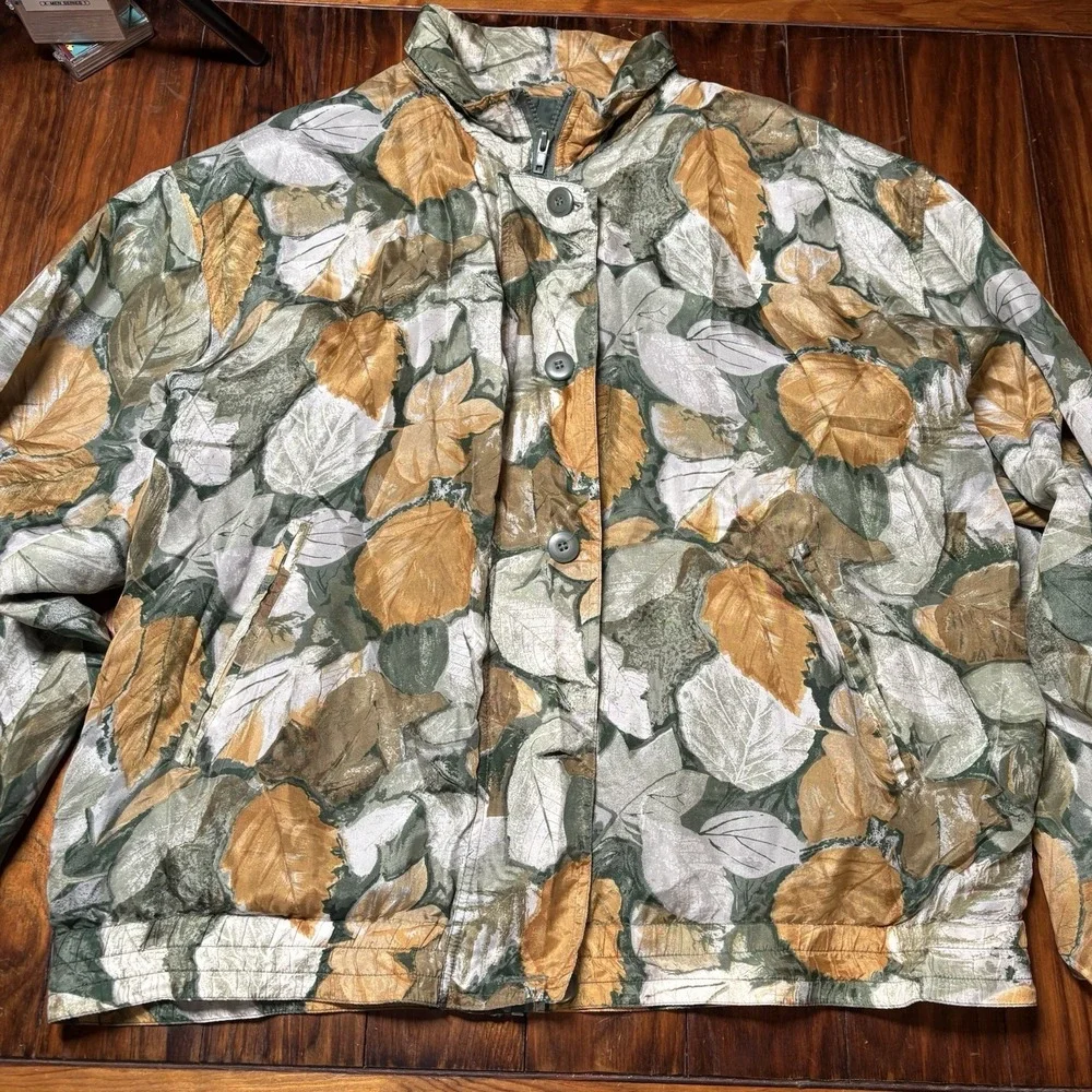Vtg Stunt Sports 100% Silk Windbreaker Jacket Leafy Green Sz L *read* Leaves A62